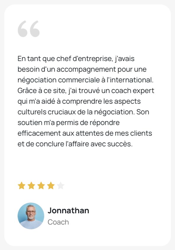 Jonathan, coach en entreprise a noté 4 sur 5 Eddwin comme une plateforme de référence de la formation : "En tant que chef d'entreprise, j'avais besoin d'un accompagnement pour une négociation commerciale à l'international..."